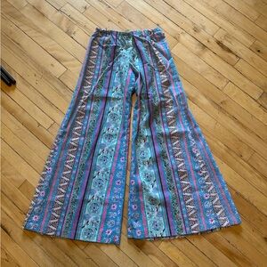 Boho 60s Wide Leg Printed Palazzo Pants - Teal & Purple low rise cotton